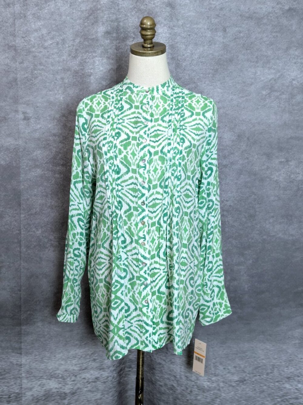 NWT Nanette Lepore Pintuck Pleated Cabana Tunic Top S Green White Ikat Geometric
